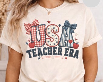 USA Teacher Era T-Shirt | Patriotic Teacher Graphic, Red White Blue School Tee