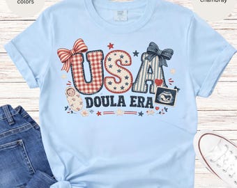 USA Doula Era T-Shirt | Patriotic Red White Blue Baby Support Design