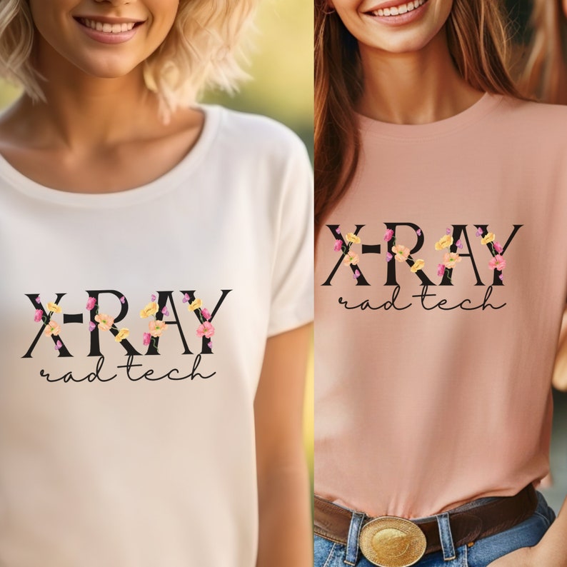 May include: Two white t-shirts with a floral design and the text "X-RAY rad tech" printed on them. One shirt is white and the other is pink.