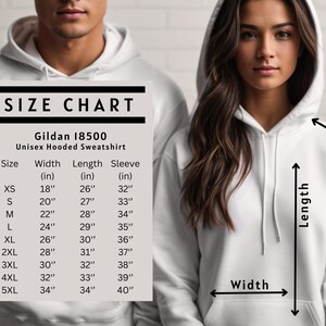 May include: Size chart for a Gildan 18500 unisex hooded sweatshirt. The chart shows the width, length, and sleeve length in inches for sizes XS to 5XL.