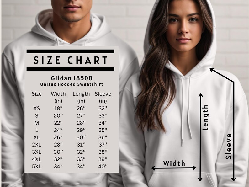 May include: Size chart for a Gildan 18500 unisex hooded sweatshirt. The chart shows the width, length, and sleeve length in inches for sizes XS to 5XL.