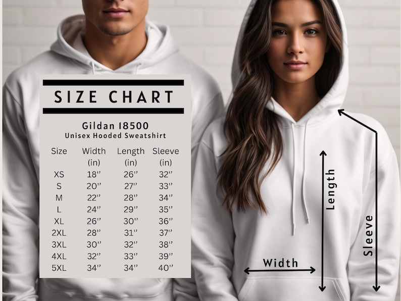 Pu&ograve; includere: Tabella delle taglie per una felpa con cappuccio unisex Gildan 18500. La tabella mostra la larghezza, la lunghezza e la lunghezza della manica in pollici per le taglie XS a 5XL.