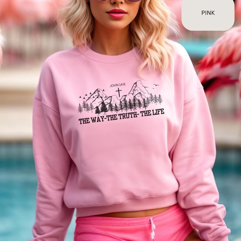 May include: Pink sweatshirt with a mountain scene and the text "JOHN 14:6 THE WAY-THE TRUTH-THE LIFE" printed on the front.