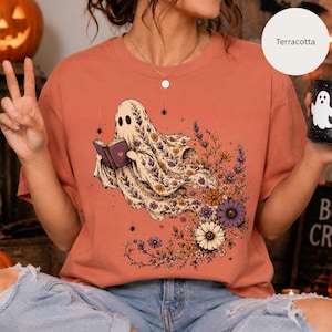 Wildflower Ghost Shirt, Ghost Reading Shirt, Halloween Reading Teacher Shirt, Bookish Ghost Tshirt, Halloween Book Shirt