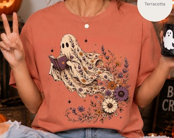 Wildflower Ghost Shirt, Ghost Reading Shirt, Halloween Reading Teacher Shirt, Bookish Ghost Tshirt, Halloween Book Shirt