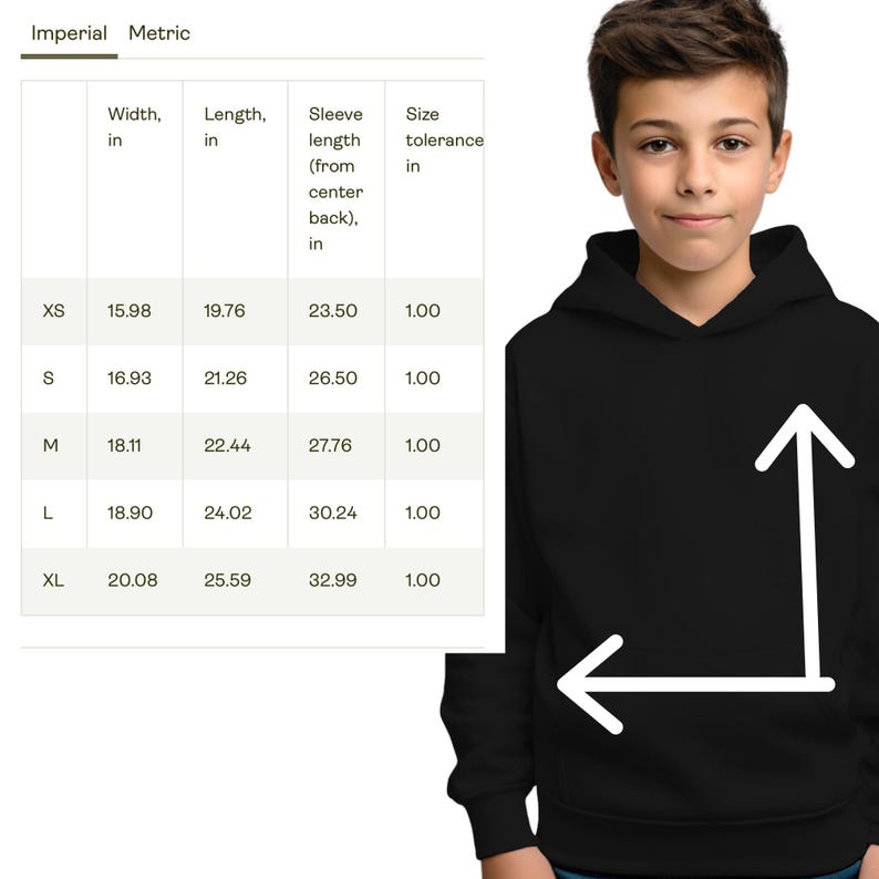 May include: A black hooded sweatshirt with a white arrow graphic. The size chart shows measurements in inches for width, length, and sleeve length, ranging from XS to XL. The sweatshirt is modeled on a young person.