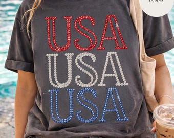 USA T-shirt , Patriotic Red White Blue Faux Pearls Lettering