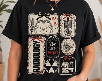 Radiology Patch Collage T-Shirt | We See People, Skull, Radiation Symbol