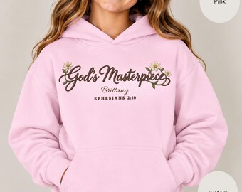 God's Masterpiece Youth Hoodie, Personalized Kids Sweatshirt Floral Faux Embroidered Christian, Girl Gift