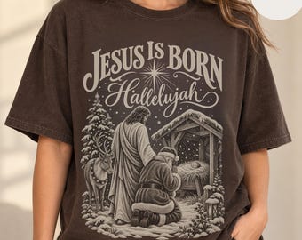Jesus Is Born Shirt | Christian Christmas Shirt | Vintage Santa Reindeer Tee | Bethlehem Star Sweatshirt | Faith Gift