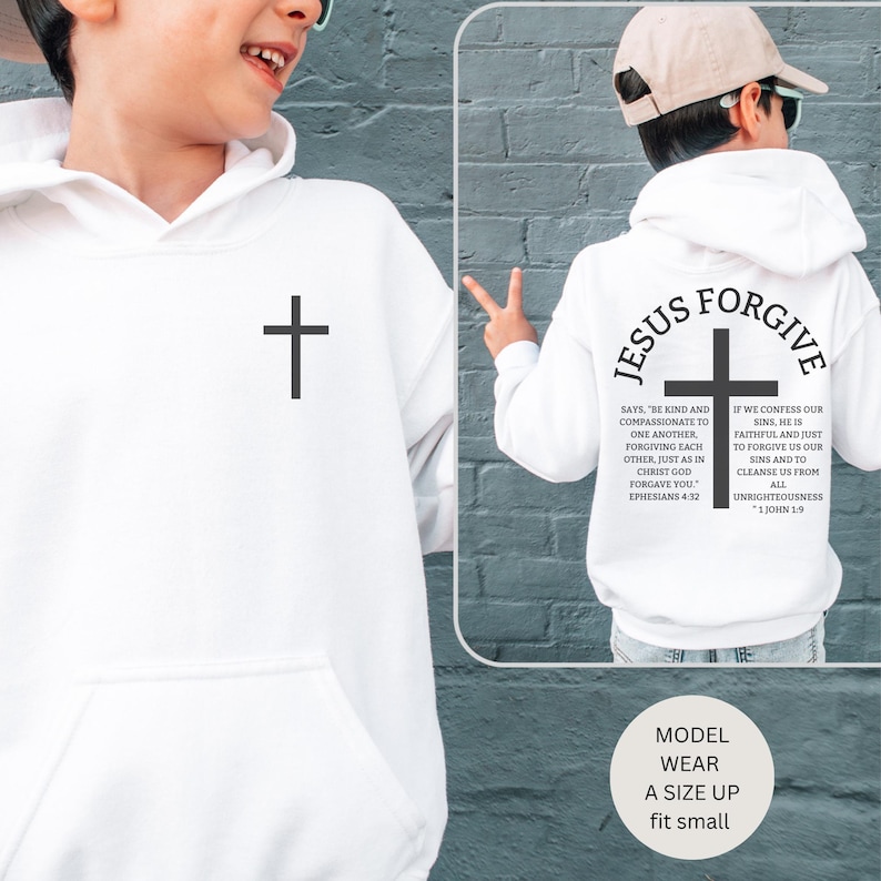 May include: White hooded sweatshirt with a black cross on the front and the words "JESUS FORGIVE" and related text on the back. The sweatshirt also has the text "MODEL WEAR A SIZE UP fit small".