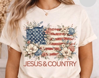 Jesus & Country Flag Floral T-shirt | Patriotic Christian Tee