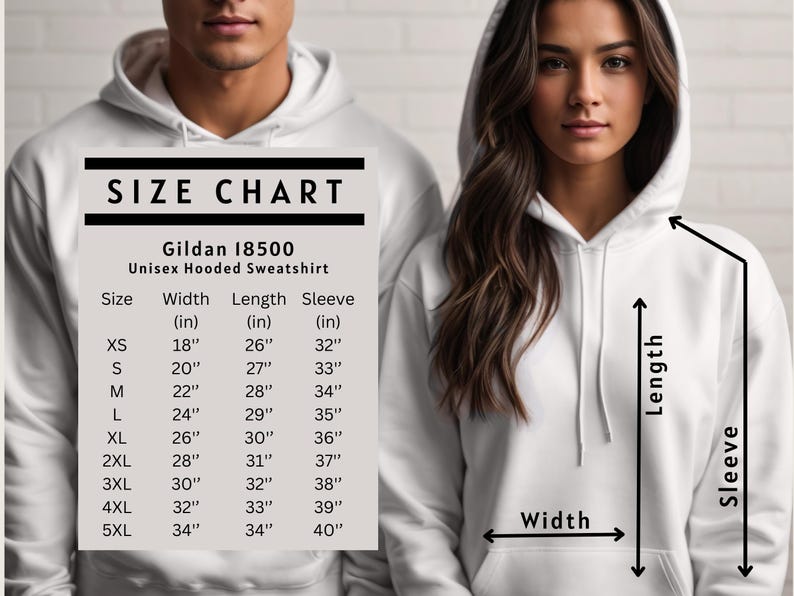 May include: Size chart for a Gildan 18500 unisex hooded sweatshirt. The chart shows the width, length, and sleeve length in inches for sizes XS to 5XL.