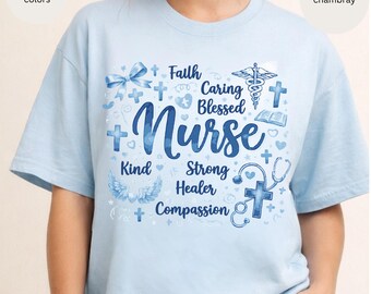 Christian RN, Faith Caring Blessed Nurse T-Shirt, Blue Nurse Word Art