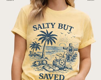 Christian Tee, Salty But Saved T-Shirt, Comfort Colors palm trees, surfboard, sandals