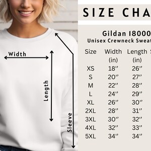 May include: Size chart for a Gildan 18000 unisex crewneck sweatshirt. The chart shows the width, length, and sleeve length in inches for sizes XS to 5XL.