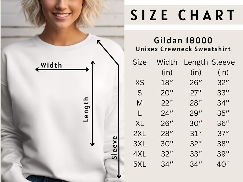 May include: Size chart for a Gildan 18000 unisex crewneck sweatshirt. The chart shows the width, length, and sleeve length in inches for sizes XS to 5XL.