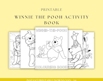 May include: Printable Winnie the Pooh coloring book with four pages featuring Winnie the Pooh, Piglet, and Tigger. The book is titled "Winnie-the-Pooh Coloring Book" and includes the text "Instant Printable Download - A4".