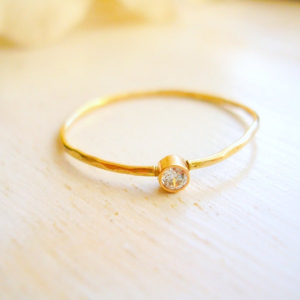 Dainty Diamond Solitaire Ring Engagement Ring Promise Ring Pinky Ring Stacking Ring 14K Yellow Gold - made to order in your finger size