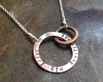 Bronze Custom Entwined Circles Necklace with Hand Stamped Message 8th & 19th Anniversary Gift Infinity Necklace Bronze Jewelry PERSONALIZED