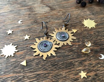 Sun and Spiral Protection Talisman Jewelry - Good Vibes Only Earrings - Art Jewelry - Made to Order