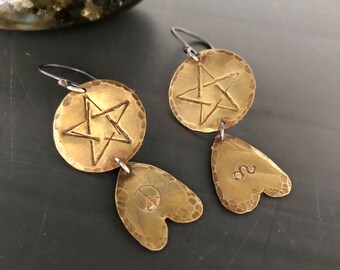 Personalized Venus Star Pentacle Manifestation Talisman Earrings - Raw Brass Whimsical Heart Earrings with Your Own Wishes