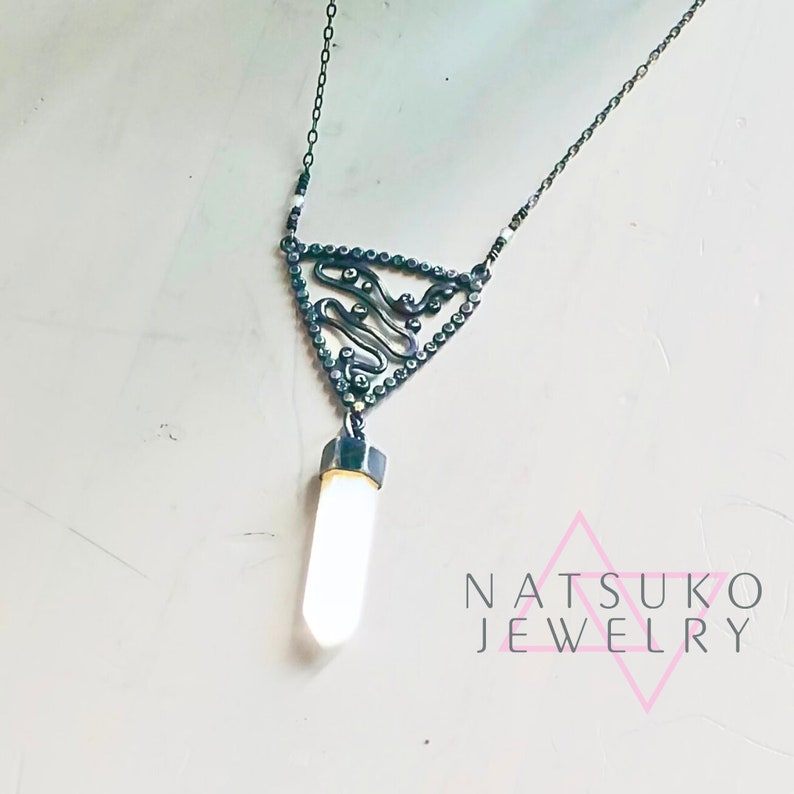 Grand Water Trine Magic Talisman Necklace Single Point Selenite Tiny Moonstone Astrology Jewelry Intuition, Psychic Abilities image 1