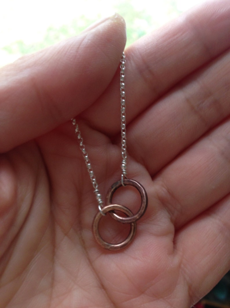 Bronze Tiny Two Circle Necklace Infinity Entwined Together Figure 8 8th & 19th Anniversary Gift Custom Message Jewelry Card image 5