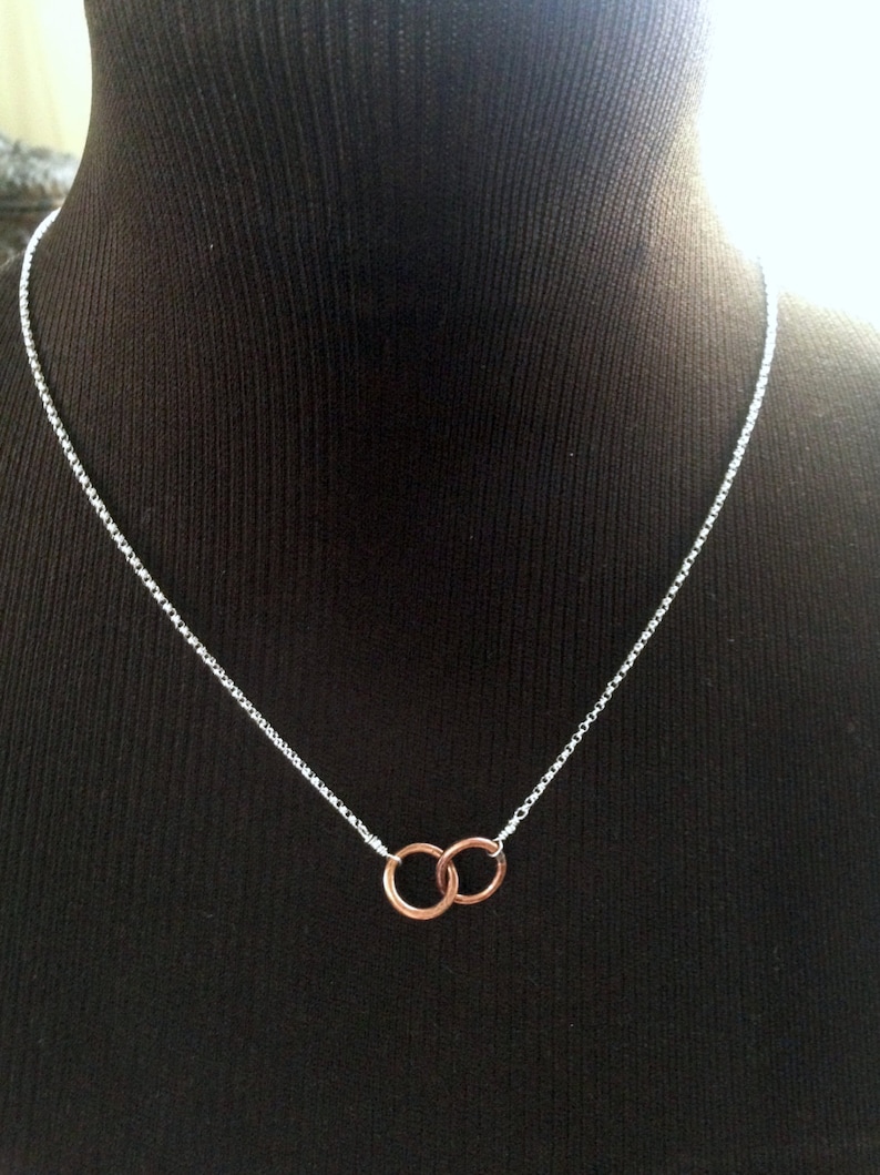 Bronze Tiny Two Circle Necklace Infinity Entwined Together Figure 8 8th & 19th Anniversary Gift Custom Message Jewelry Card image 4