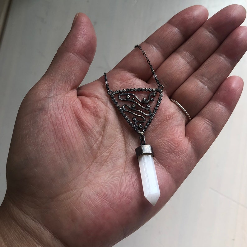 Grand Water Trine Magic Talisman Necklace Single Point Selenite Tiny Moonstone Astrology Jewelry Intuition, Psychic Abilities image 4
