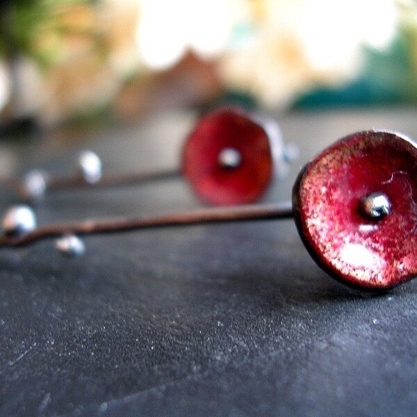Long stem poppies earrings -berry red or made to order in your favorite color