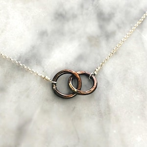 Hammered Bronze Two Ring Necklace, 8th Anniversary Infinity Circles, Sterling Silver Chain