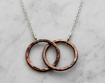 Hammered Bronze Two Ring Necklace, 19th Anniversary Infinity Circles, Sterling Silver Chain