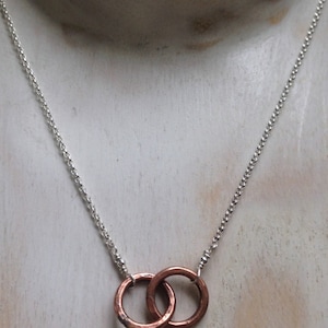 Bronze Tiny Two Circle Necklace Infinity Entwined Together Figure 8 8th & 19th Anniversary Gift Custom Message Jewelry Card image 3