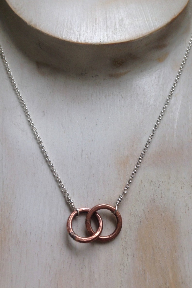 Bronze Tiny Two Circle Necklace Infinity Entwined Together Figure 8 8th & 19th Anniversary Gift Custom Message Jewelry Card image 3