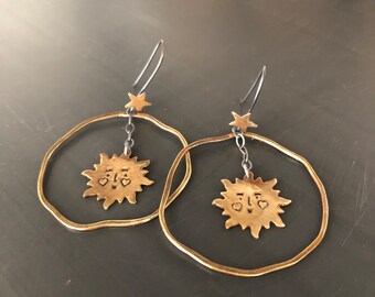 Happy Solar Return Sun Protection Talisman Earrings - Celestial Jewelry -  Unique Whimsical Happy Sun Face - Raw Brass Earrings