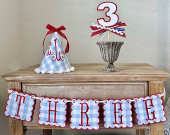 Customized Red, White, and Blue Embroidered Birthday Hat, Banner, and Cake Topper Bundle