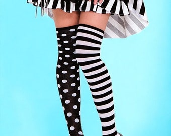 Black Polka Dot & Striped Thigh High Stockings