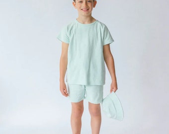 Mintfarbenes 3-teiliges Handtuch-Set – Oberteil, Shorts und Mütze / Jungenbekleidung / Mädchenbekleidung / Kinderbekleidung / Sommerbekleidung / Frottee-Sets