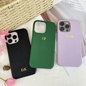 Gepersonaliseerde kiezelkleurige leren iPhone-hoes, aangepaste telefoonhoes voor iPhone 16 15 14 13, monogram gegraveerde initialen lederen telefoonhoes