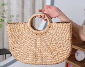 Boho Rattan Bag: Handcrafted Shoulder Purse Artisan Woven Rattan Handbag Eco-friendly Tote