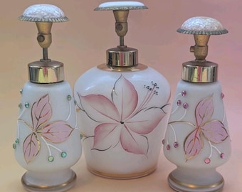Vintage Handbemalte Parfüm Flasche Trio - DeVilbiss & West Germany Zerstäuber