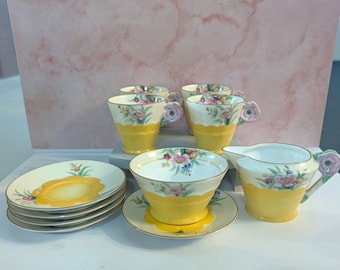Service à thé Noritake M Wreath, peint à la main, style Art Déco, avec anse en forme de fleur, jaune