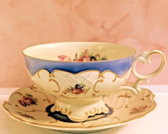Antique MZ Austria Footed Cup Saucer Set Moritz Zdekauer Blue Pink 1884-1909