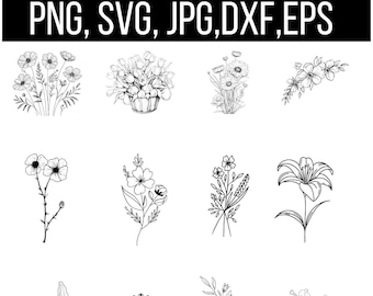 May include: Black and white floral line art illustrations. The image features various flower designs, including bouquets, single blooms, and sprigs. Text at the top reads "PNG, SVG, JPG, DXF, EPS".