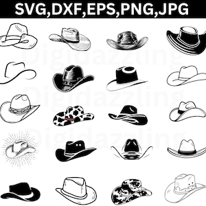 以下が含まれることがあります： 白黒のカウボーイハットのデザインを集めた画像。フェドラ、つば広ハット、装飾的な要素のある帽子など、さまざまなスタイルの帽子が特徴です。画像には「SVG、DXF、EPS、PNG、JPG」というテキストが含まれています。
