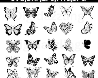 May include: Black and white butterfly SVG, DXF, EPS, PNG, JPG digital files. Various butterfly designs, including detailed wing patterns and silhouettes. Perfect for crafting, scrapbooking, and design projects. Includes a heart-shaped arrangement of butterflies.