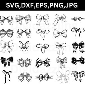 May include: A collection of hand-drawn bow illustrations in various styles. The bows are in black and white, with varying levels of detail and shading. The image includes the text "SVG, DXF, EPS, PNG, JPG" at the top.