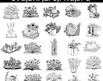 May include: Black and white line art illustrations of books with floral arrangements. The image includes various open and closed books with flowers, plants, and a cup of coffee. Text at the top reads "SVG, DXF, EPS, PNG, JPG."