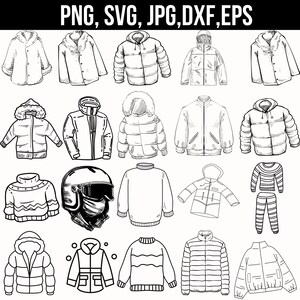 May include: Black and white line art illustrations of various winter coats and jackets. The image includes a variety of styles, such as parkas, bomber jackets, and sweaters. The text at the top reads "PNG, SVG, JPG, DXF, EPS".